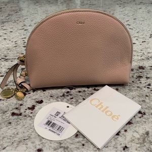 New CHLOE Calfskin Alphabet Round Cosmetic Makeup Case Bag Toiletry Blush‎ Nude